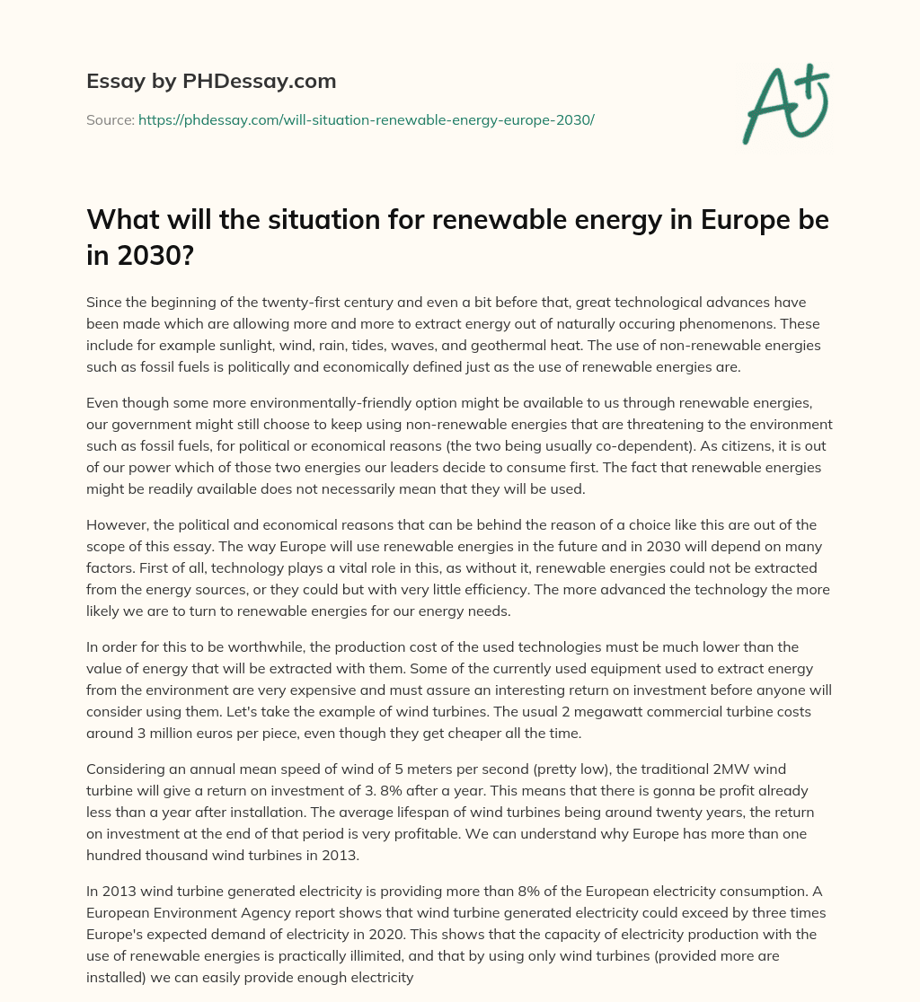 What will the situation for renewable energy in Europe be in 2030? essay