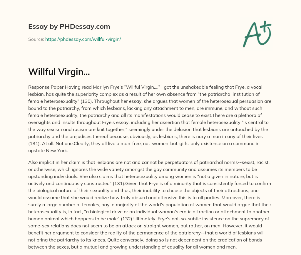 Critique of Marilyn Frye’s Views on Female Heterosexuality and Patriarchy essay