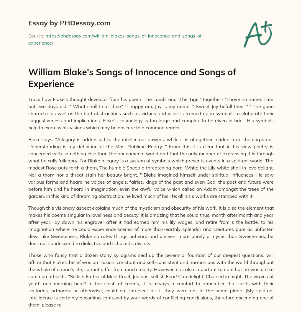 William Blake’s Songs of Innocence and Songs of Experience essay