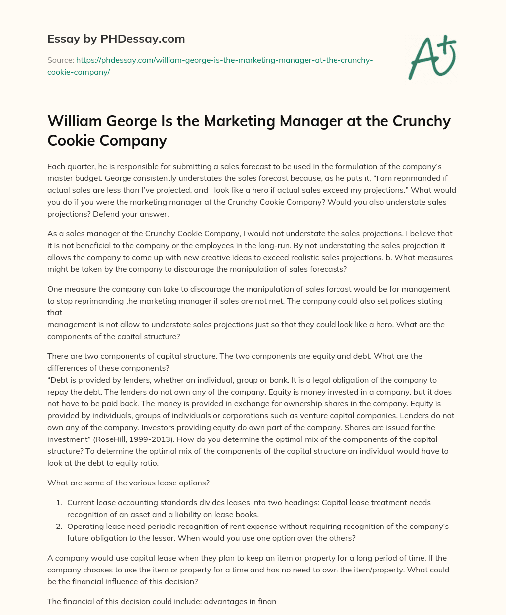 William George Is the Marketing Manager at the Crunchy Cookie Company essay