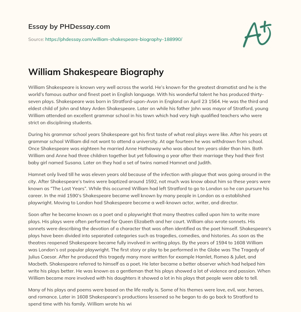 william shakespeare short biography essay