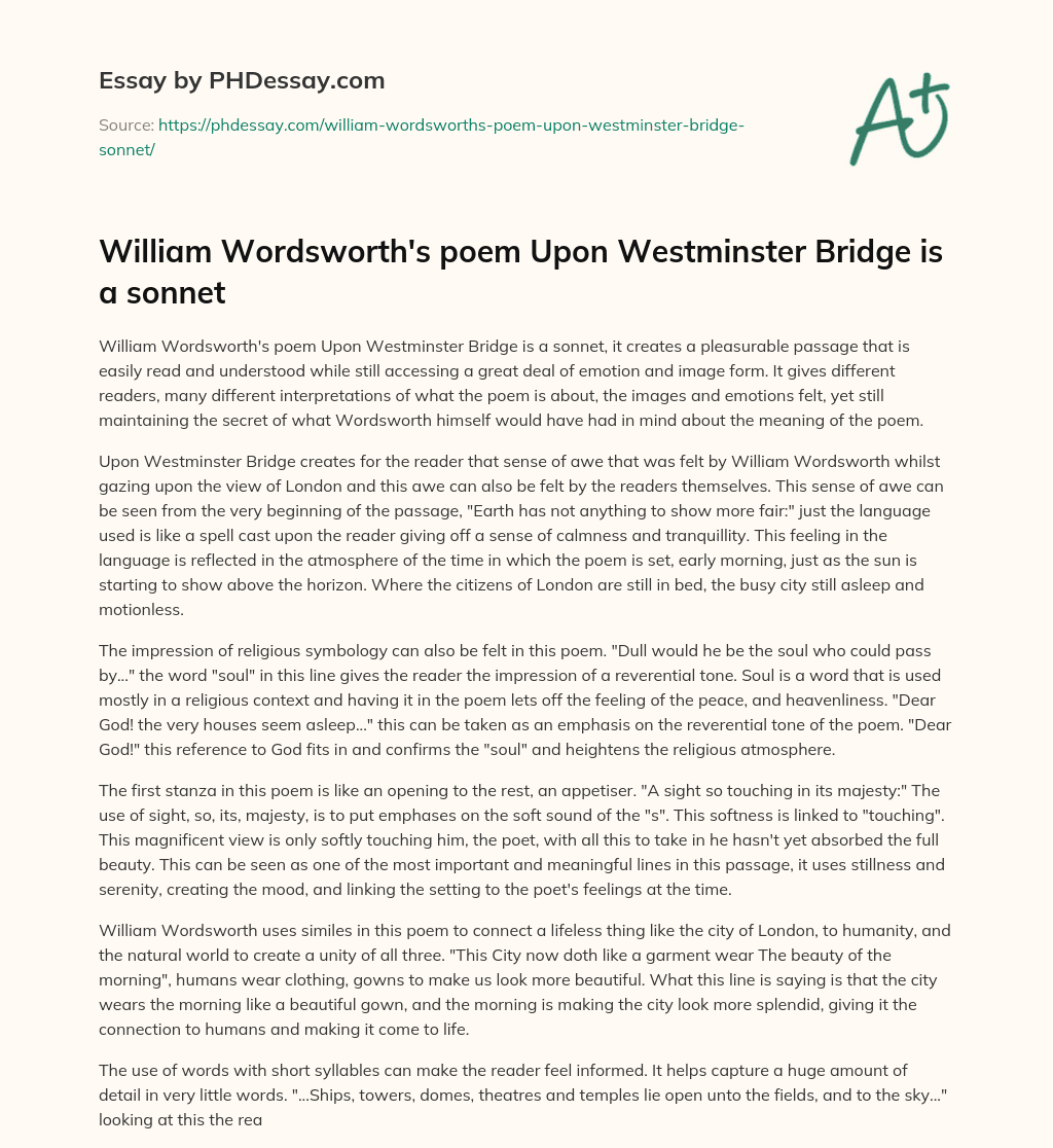 William Wordsworth’s poem Upon Westminster Bridge is a sonnet essay