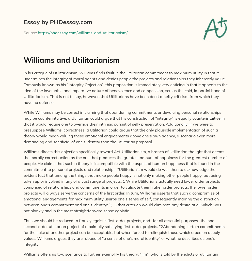 Williams and Utilitarianism essay
