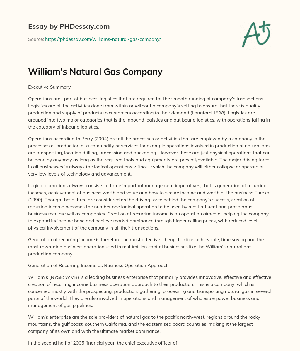 William’s Natural Gas Company essay