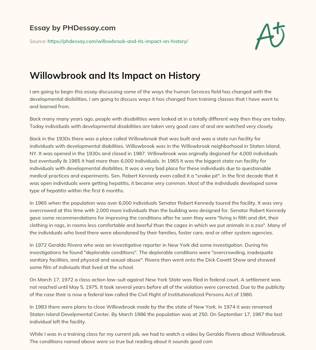Willowbrook and Its Impact on History essay