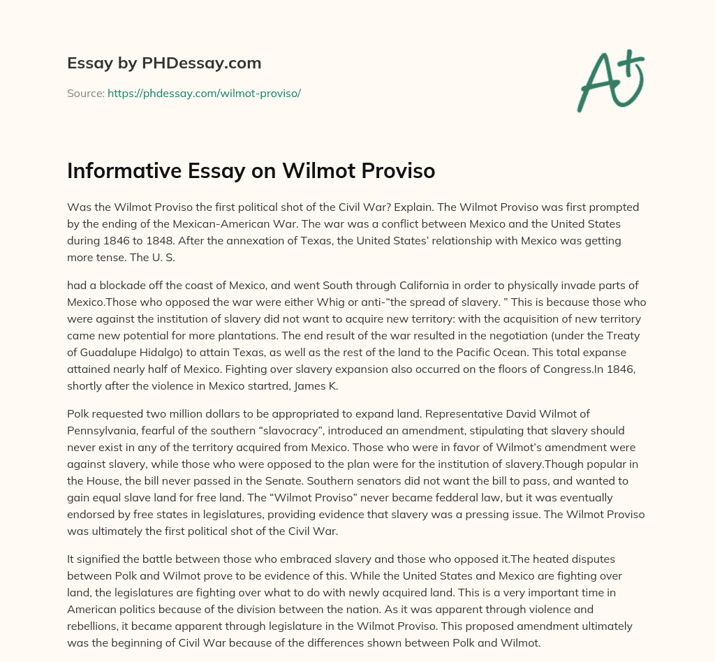 Informative Essay on Wilmot Proviso essay