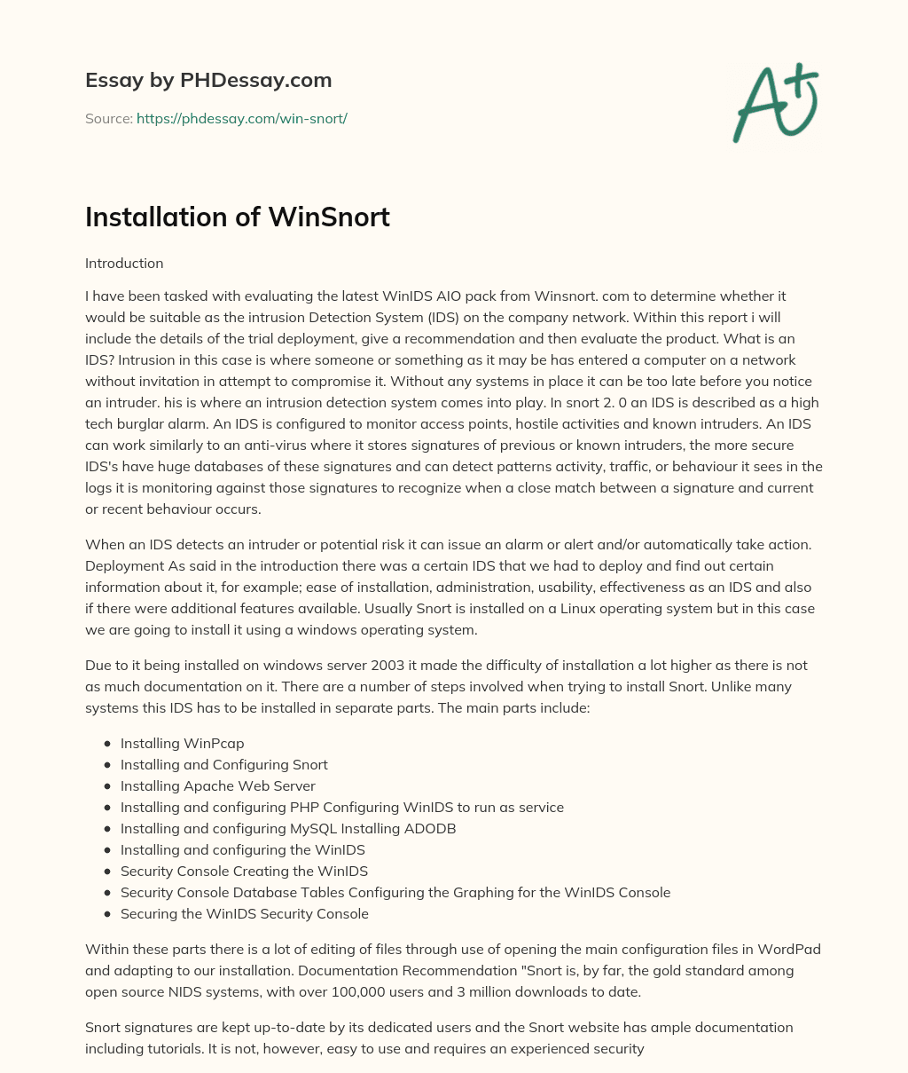 Installation of WinSnort essay