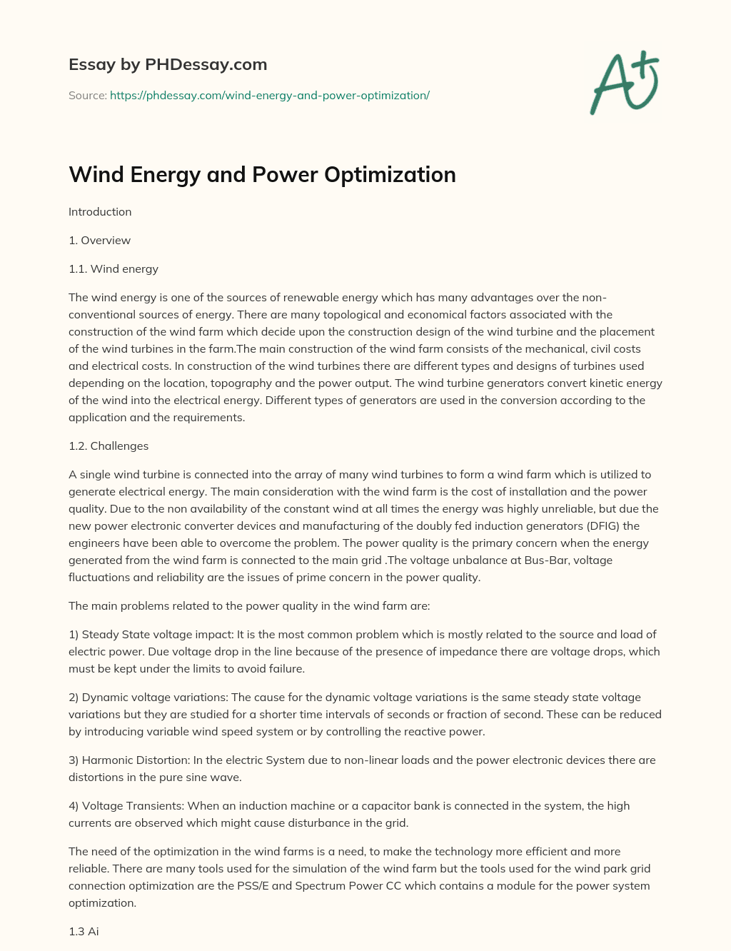 Wind Energy and Power Optimization essay