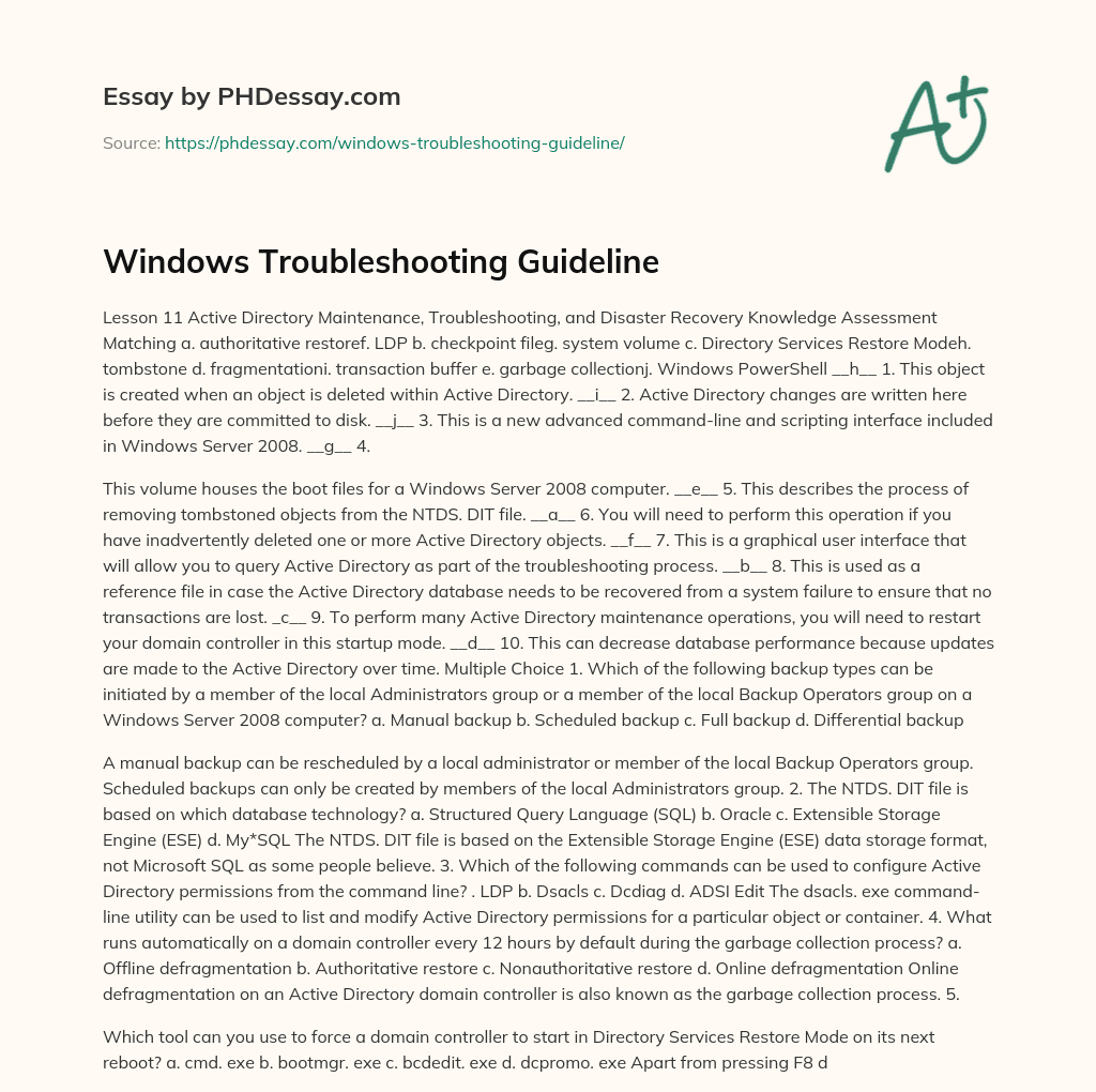 Windows Troubleshooting Guideline essay
