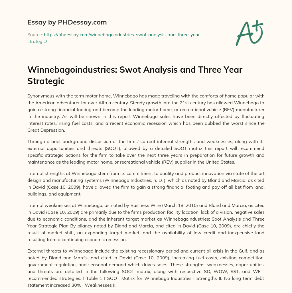 Winnebagoindustries: Swot Analysis and Three Year Strategic essay