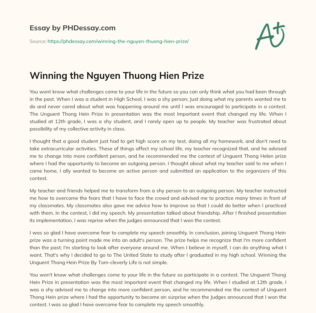 Winning the Nguyen Thuong Hien Prize essay
