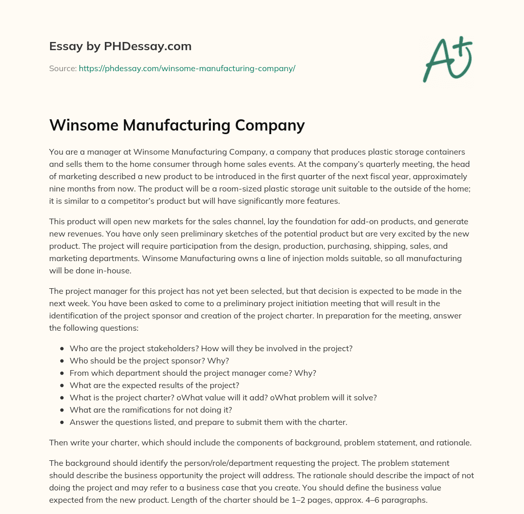 Winsome Manufacturing Company essay