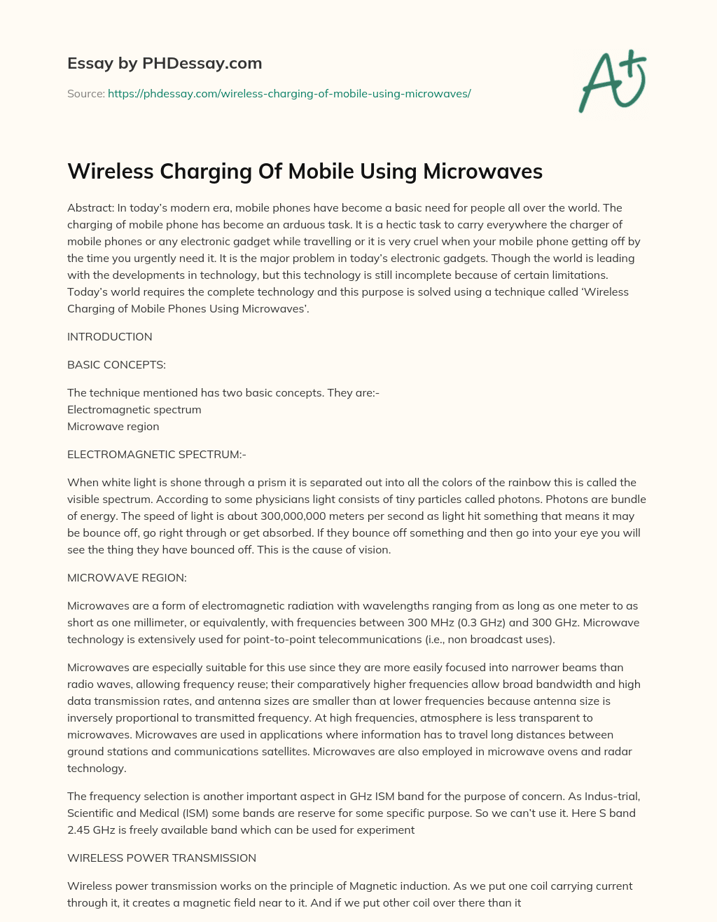 Wireless Charging Of Mobile Using Microwaves essay