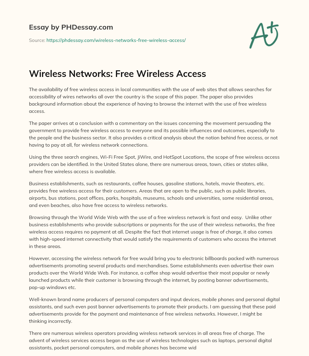 Wireless Networks: Free Wireless Access essay
