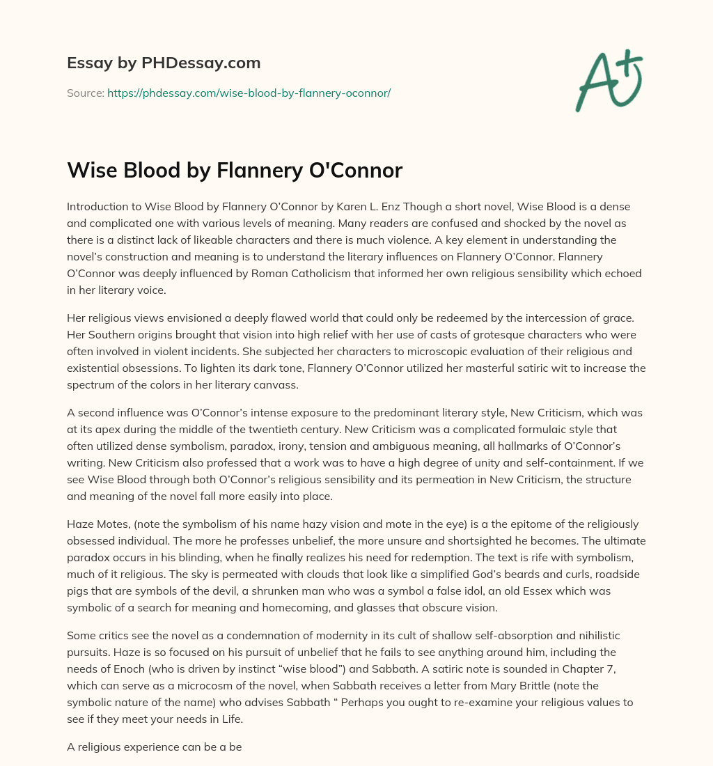 Wise Blood by Flannery O’Connor essay