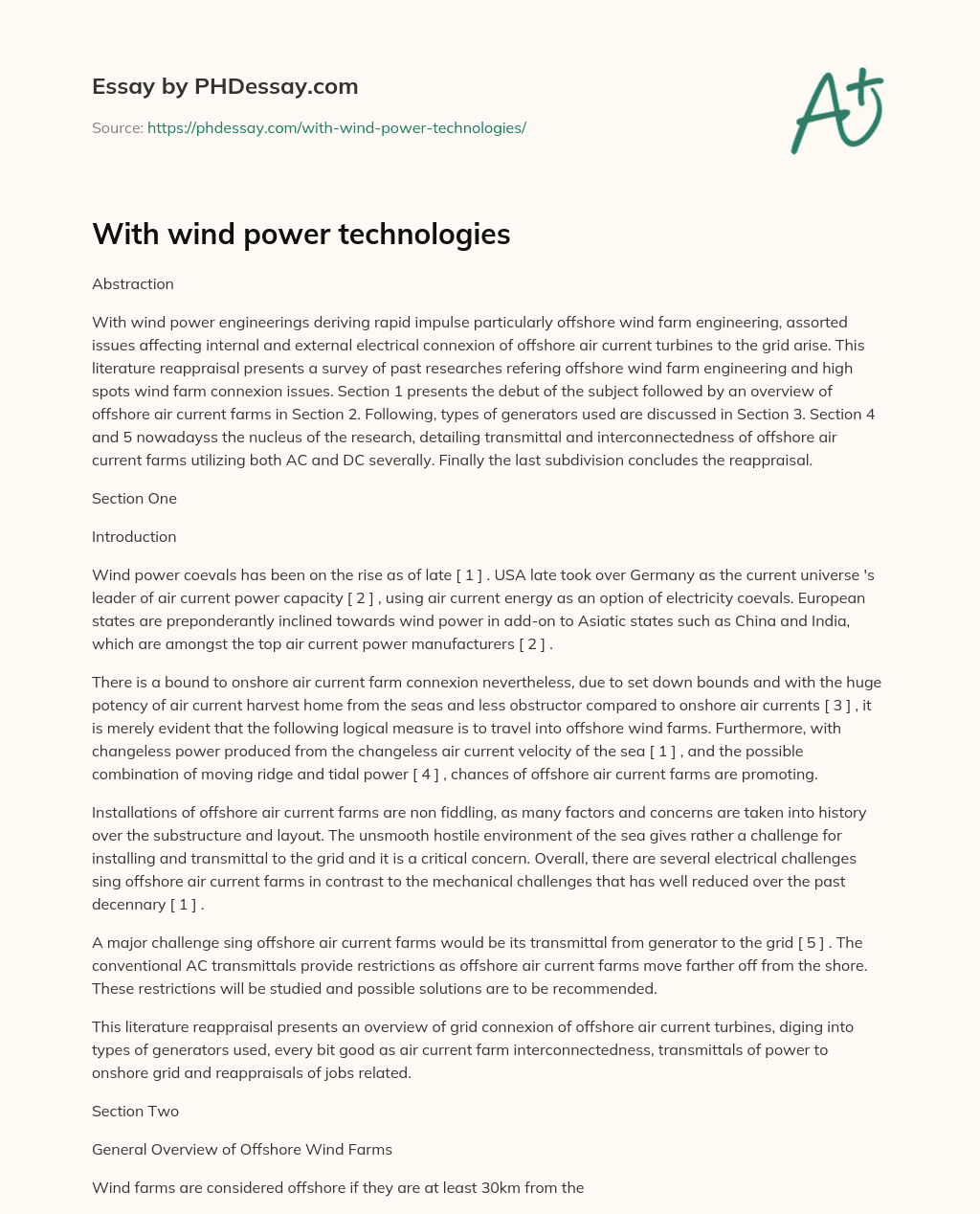 With wind power technologies essay