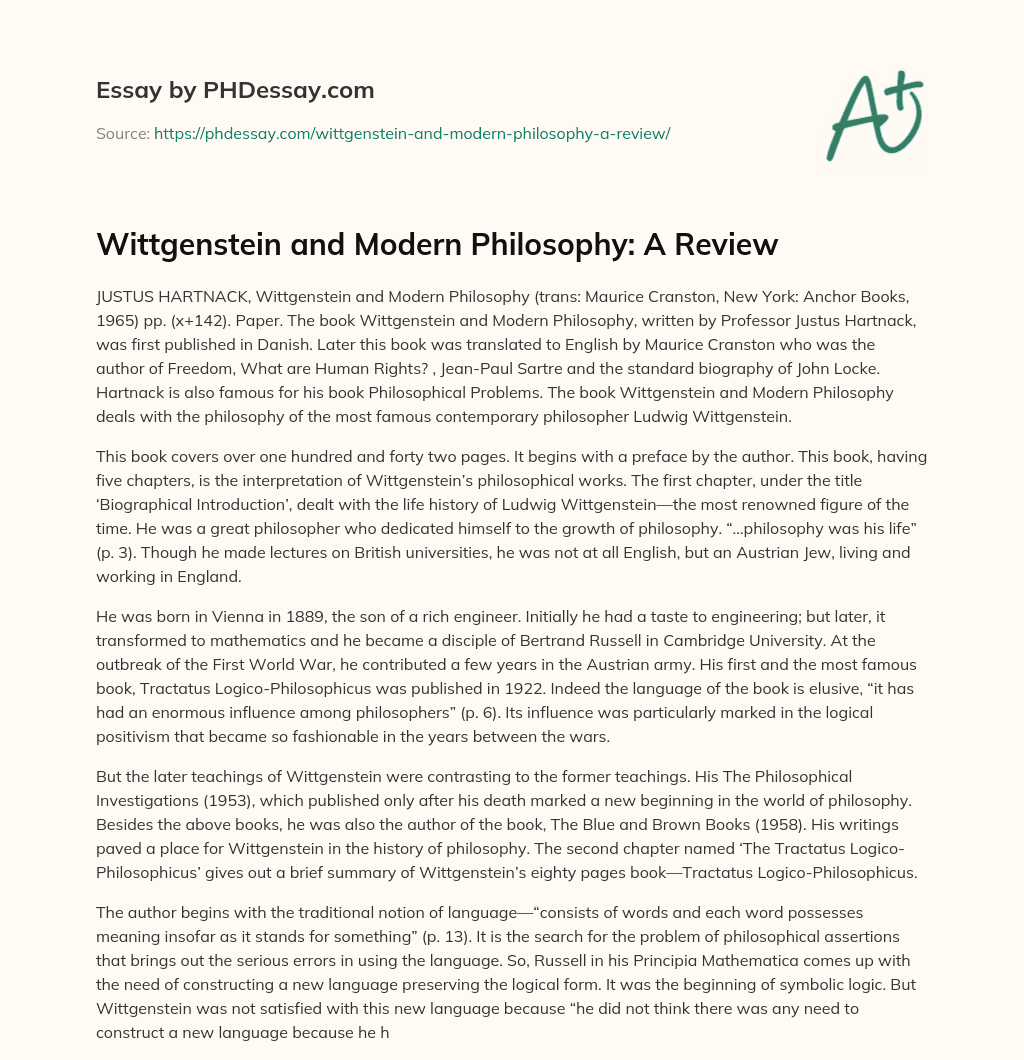 Wittgenstein and Modern Philosophy: A Review essay