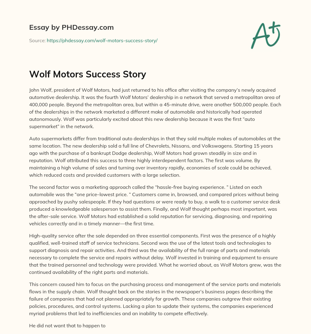 Wolf Motors Success Story essay