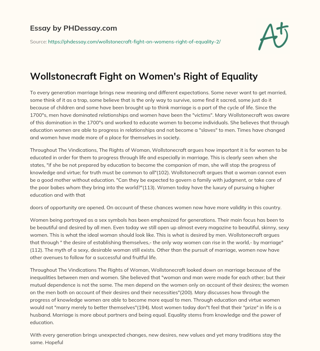 Wollstonecraft Fight on Women’s Right of Equality essay