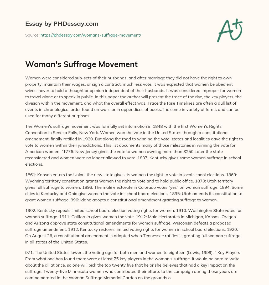 Woman’s Suffrage Movement essay
