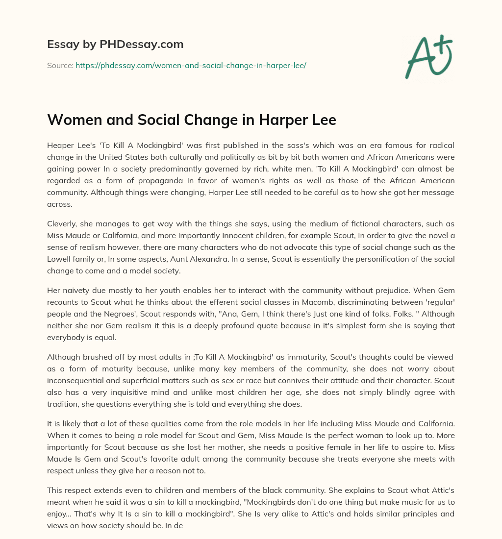 Women and Social Change in Harper Lee essay