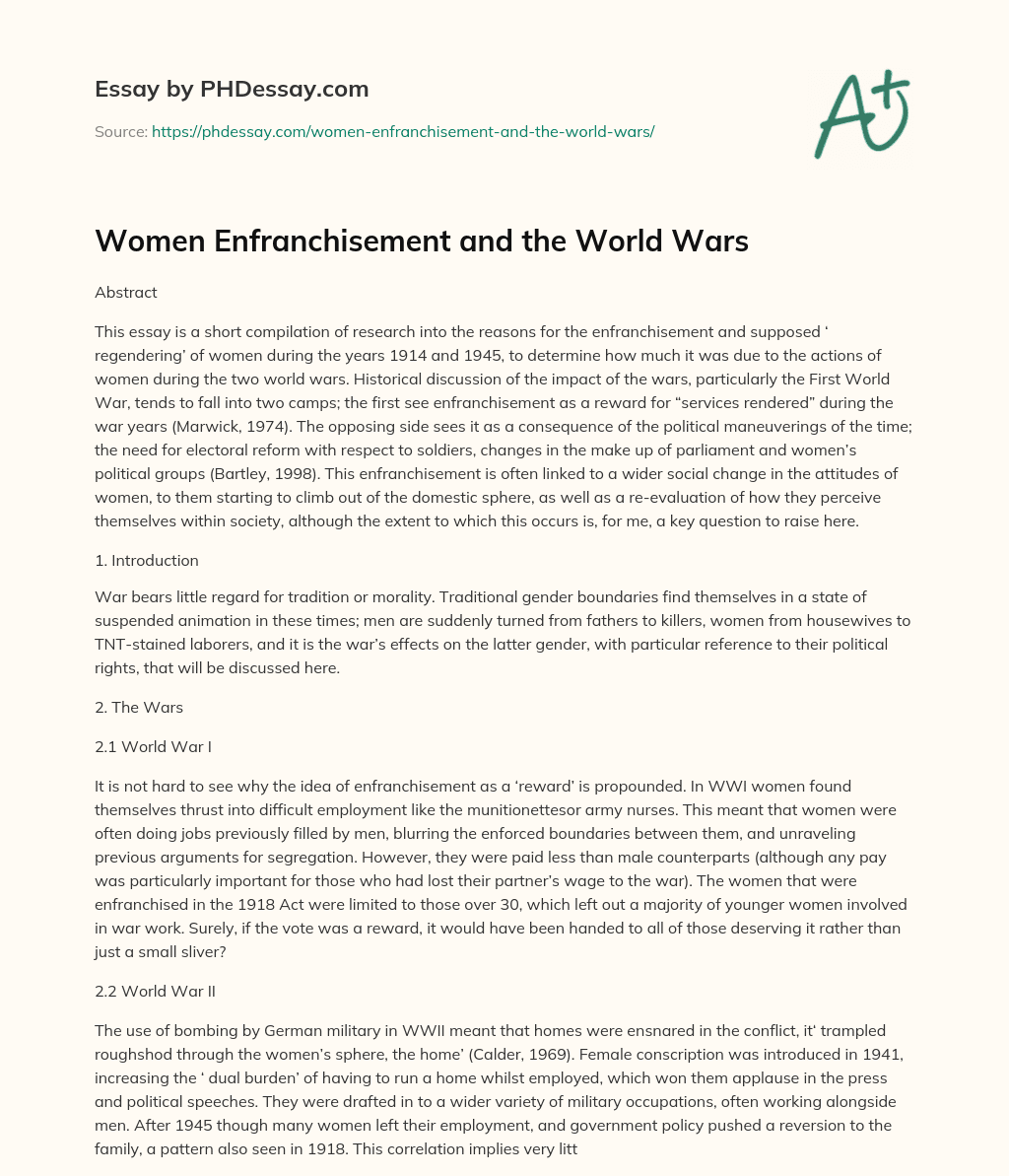 Women Enfranchisement and the World Wars essay