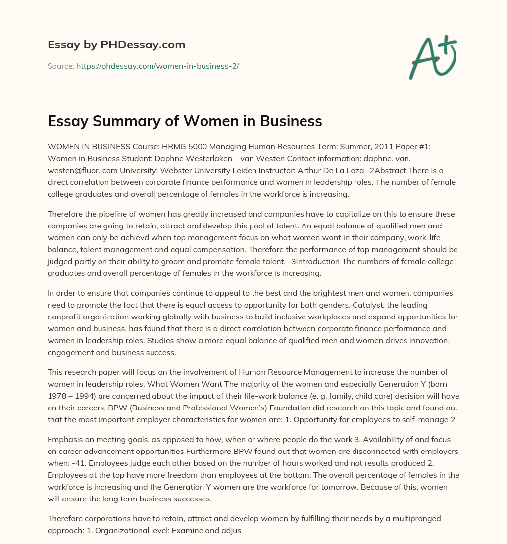 Essay Summary of Women in Business essay