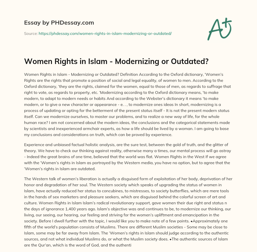 Women Rights in Islam – Modernizing or Outdated? essay