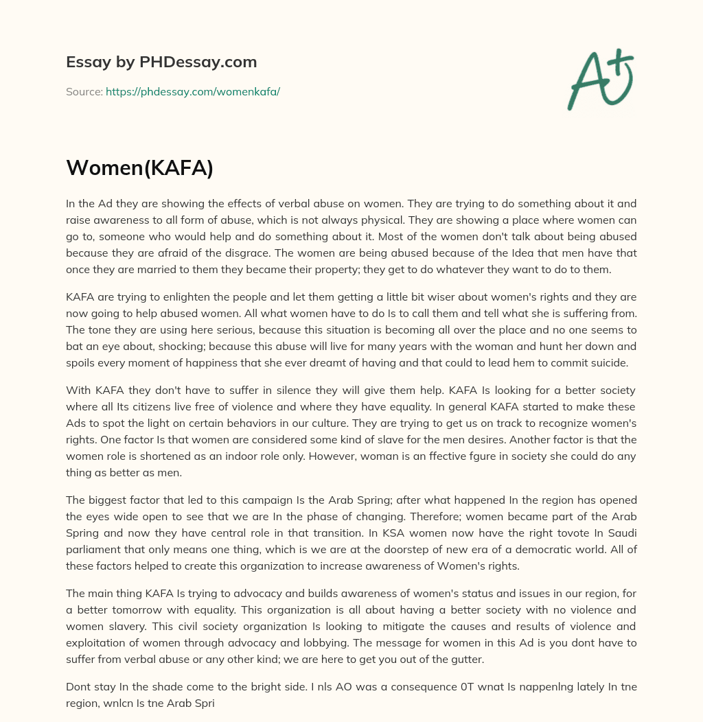 KAFA raises awareness on verbal abuse against women and offers support essay