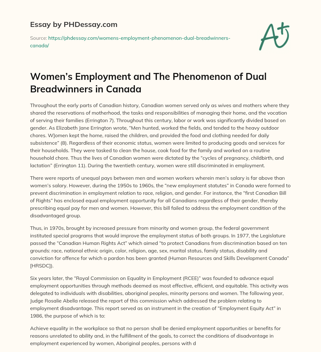 Women’s Employment and The Phenomenon of Dual Breadwinners in Canada essay