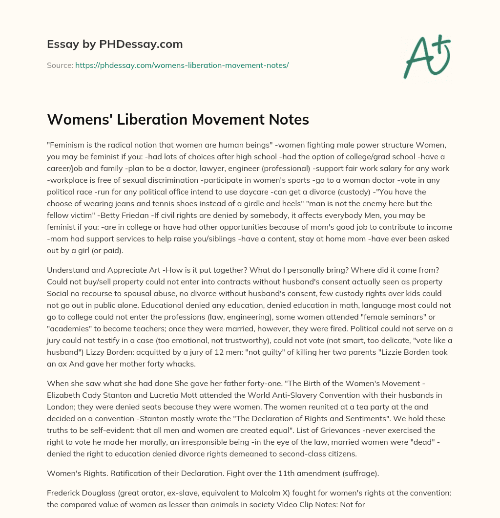 Womens’ Liberation Movement Notes essay