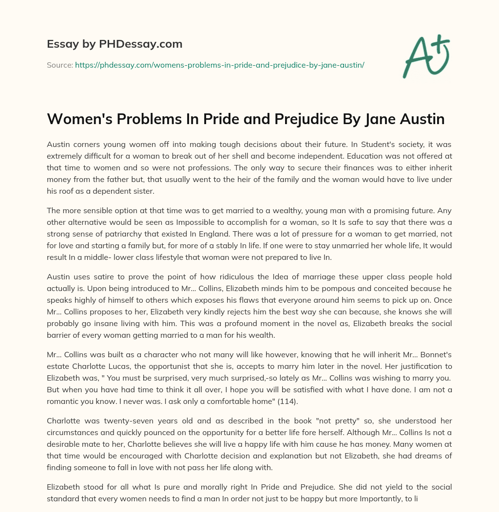 Women’s Problems In Pride and Prejudice By Jane Austin essay