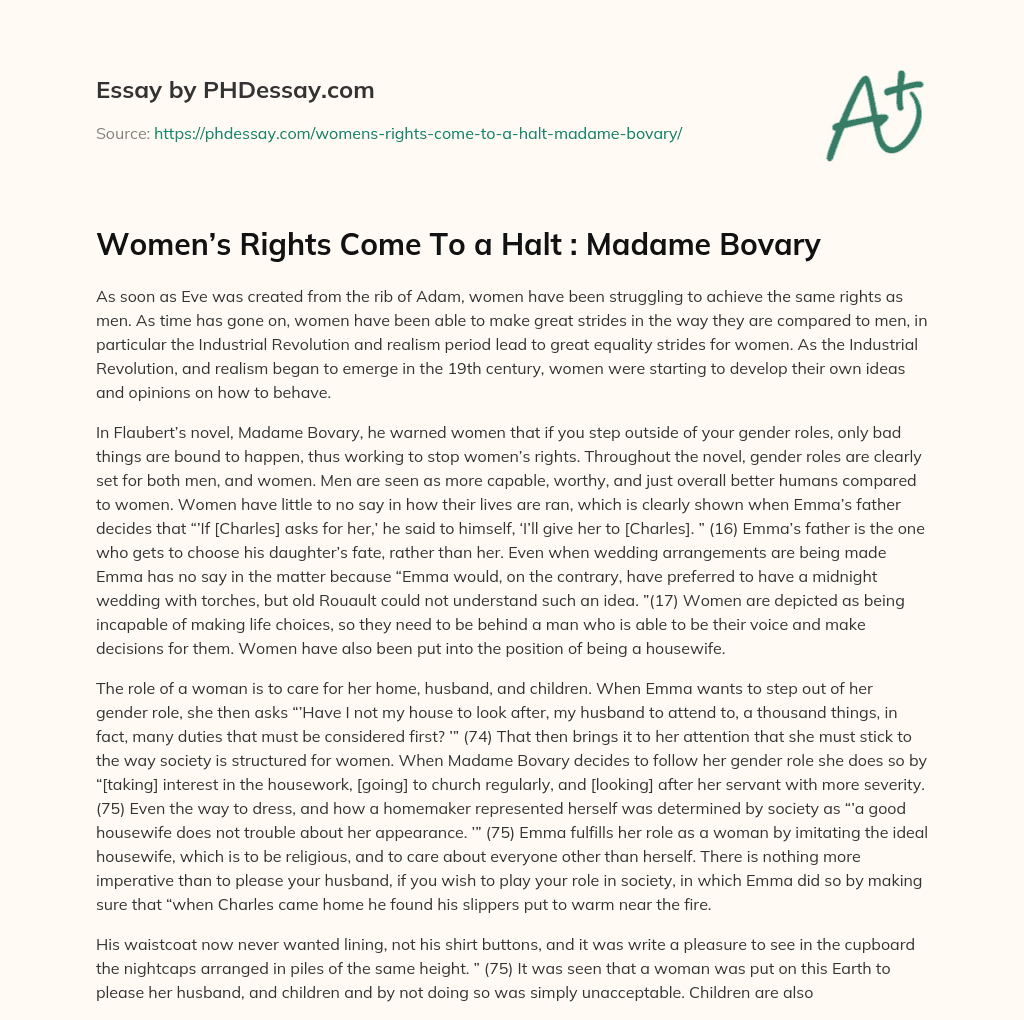 Women’s Rights Come To a Halt : Madame Bovary essay