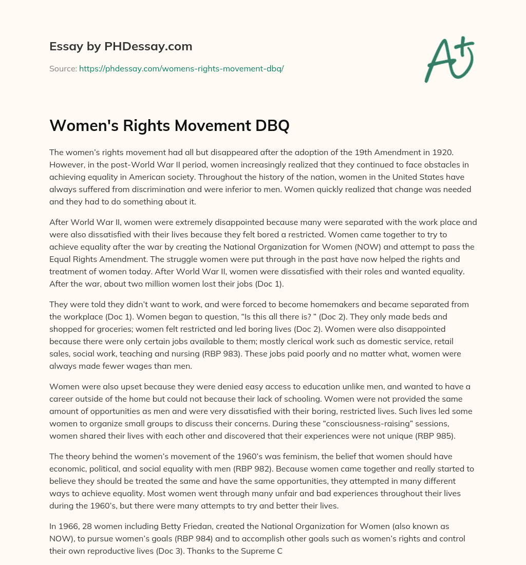 Women’s Rights Movement DBQ essay