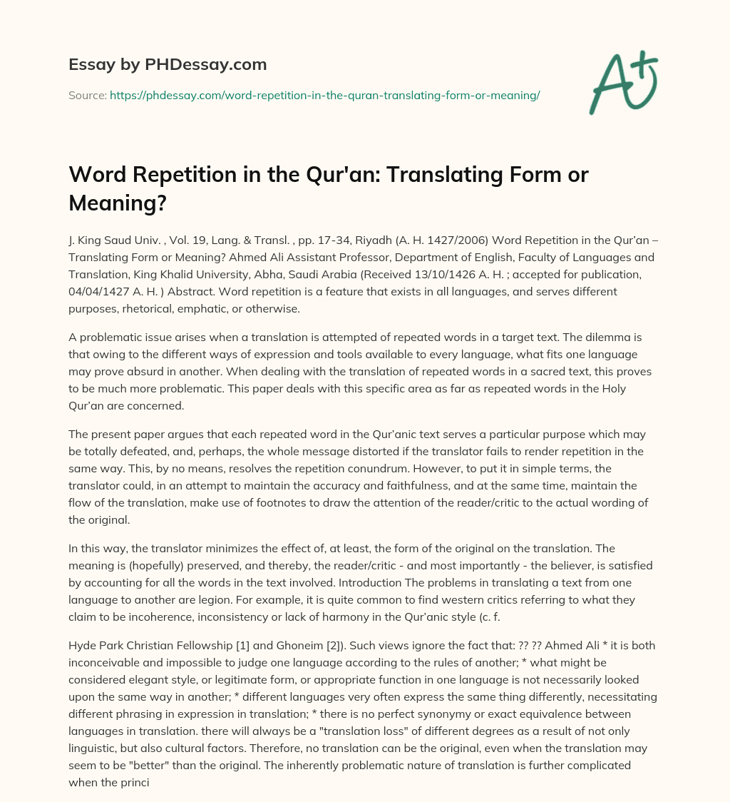 Word Repetition in the Qur’an: Translating Form or Meaning? essay