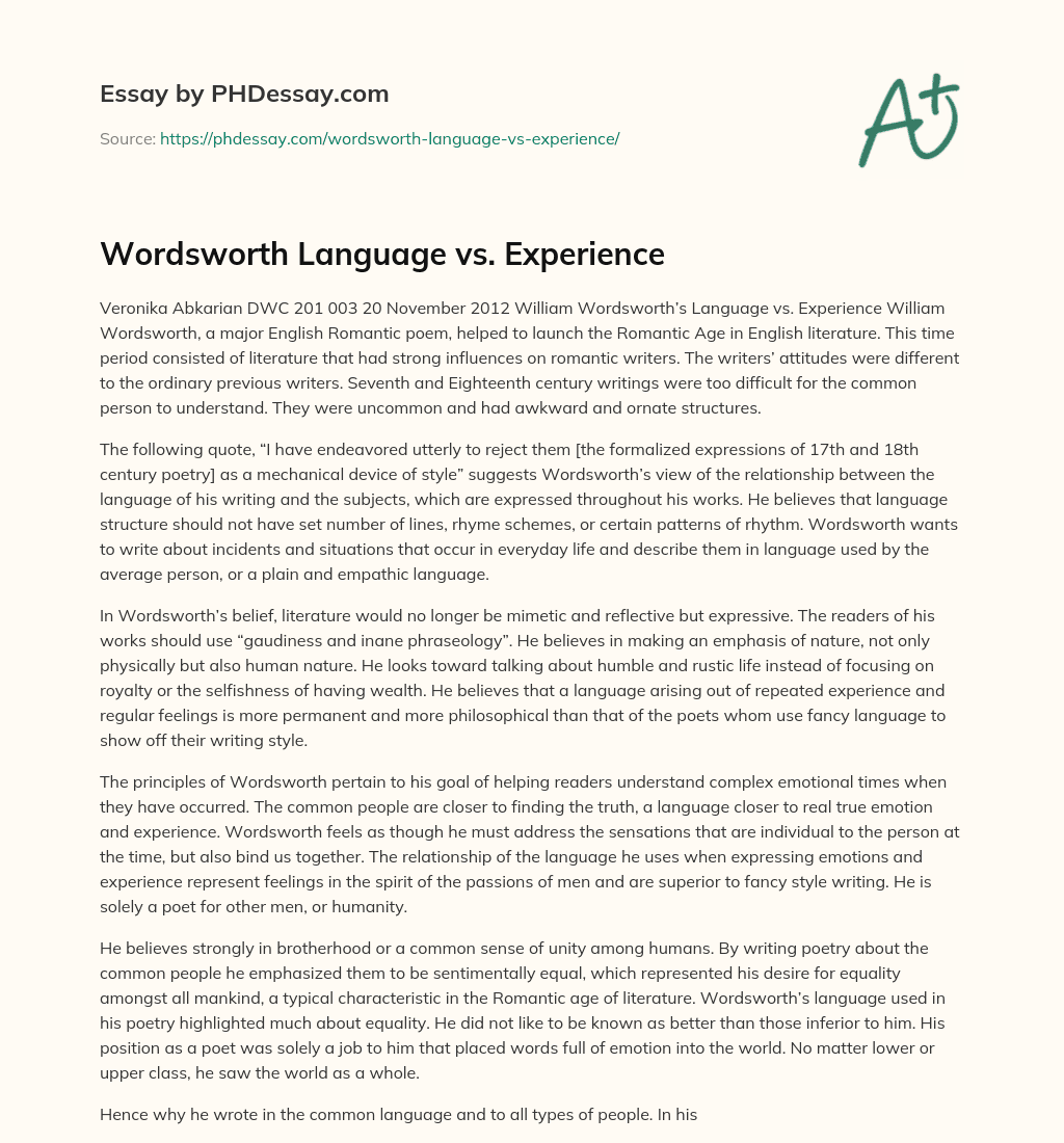 Wordsworth Language vs. Experience essay