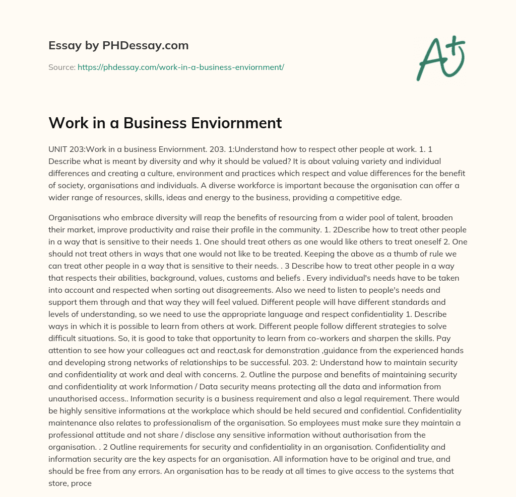 Work in a Business Enviornment essay