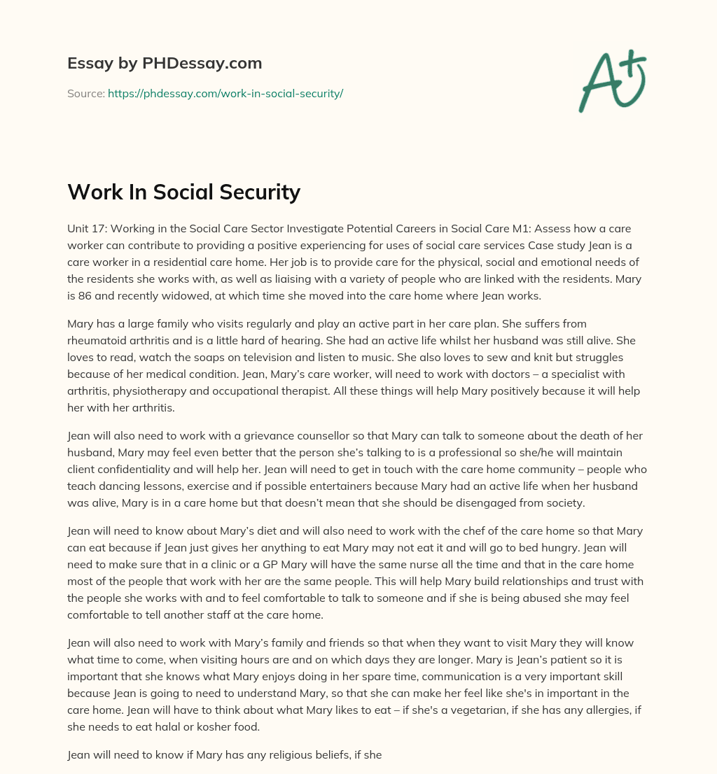 Work In Social Security essay
