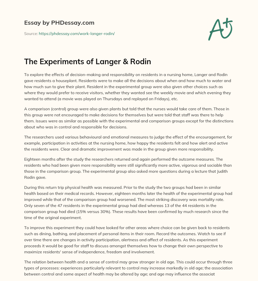 The Experiments of Langer & Rodin essay