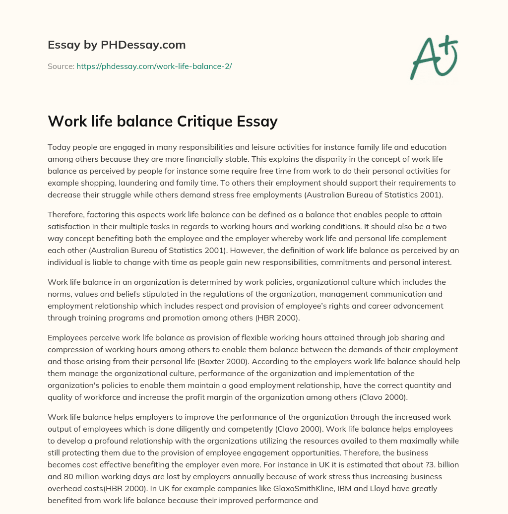 Work life balance Critique Essay essay