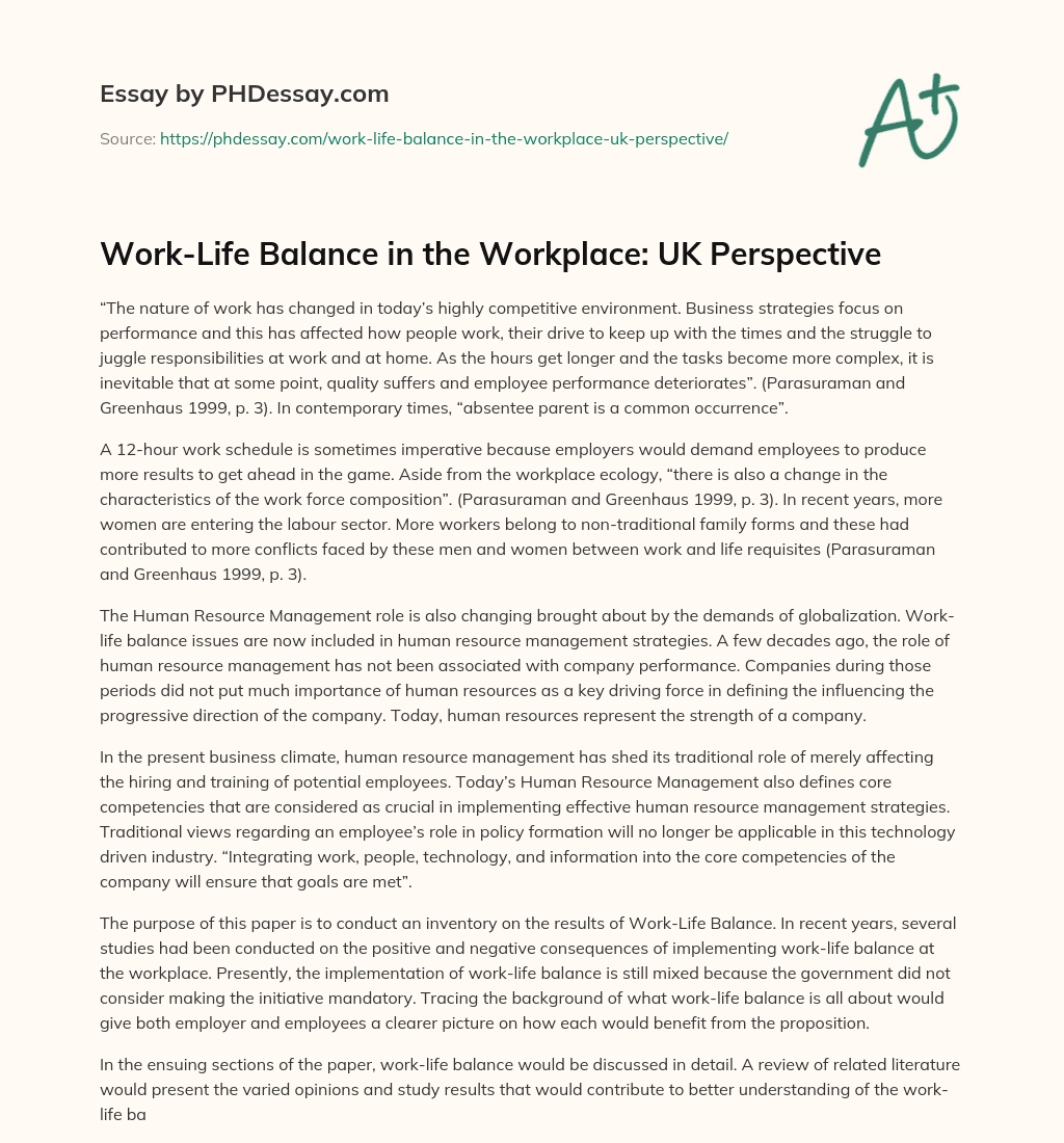 Work-Life Balance in the Workplace: UK Perspective essay