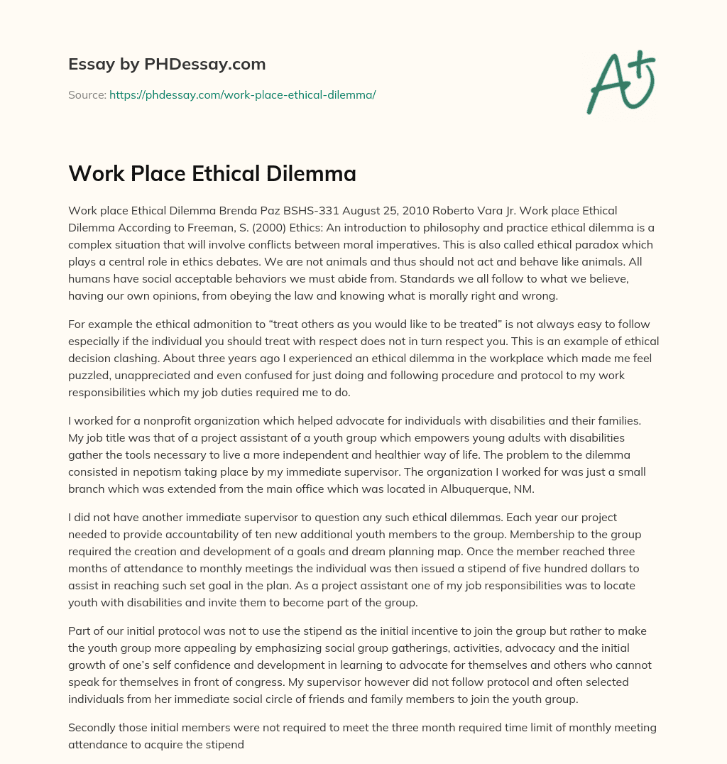 Work Place Ethical Dilemma essay