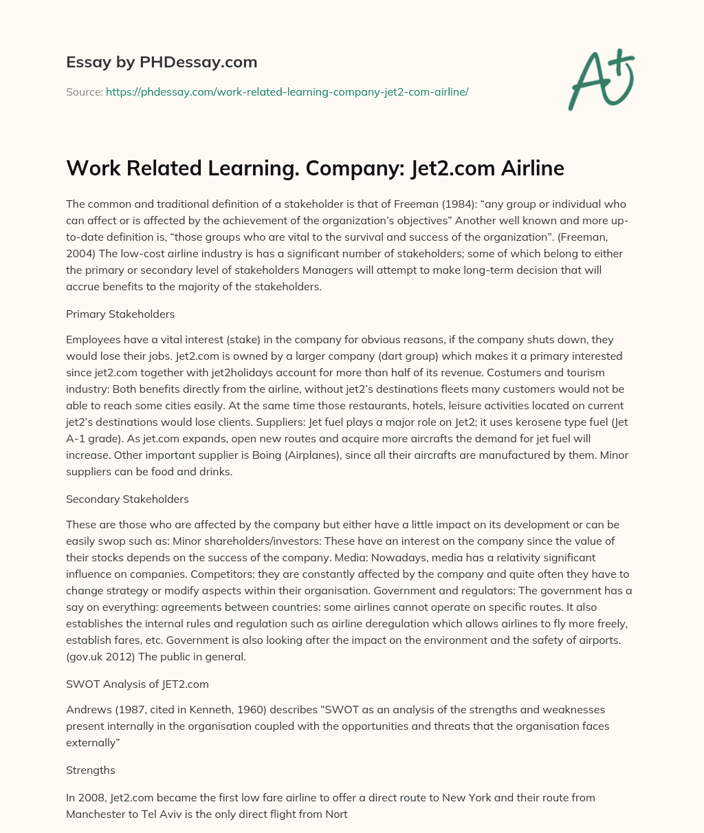 Work Related Learning. Company: Jet2.com Airline essay