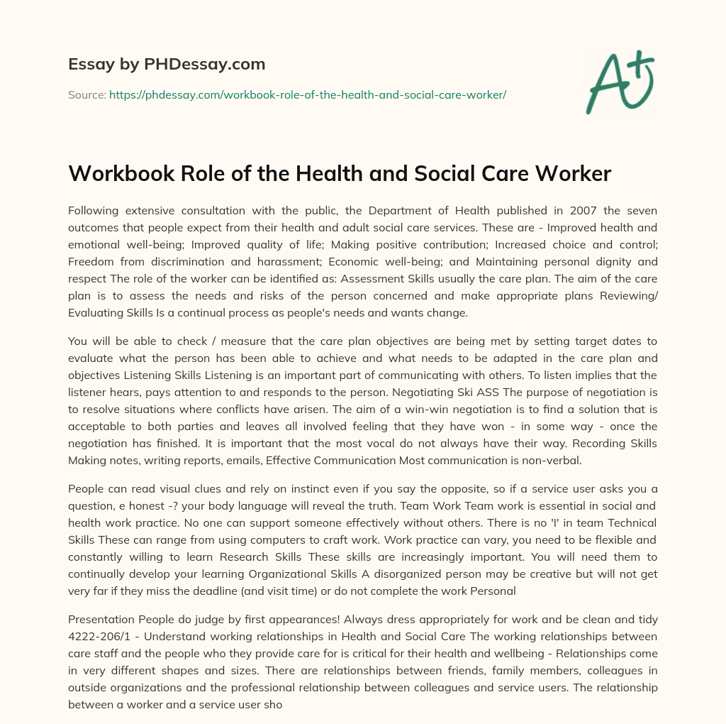 Workbook Role of the Health and Social Care Worker essay