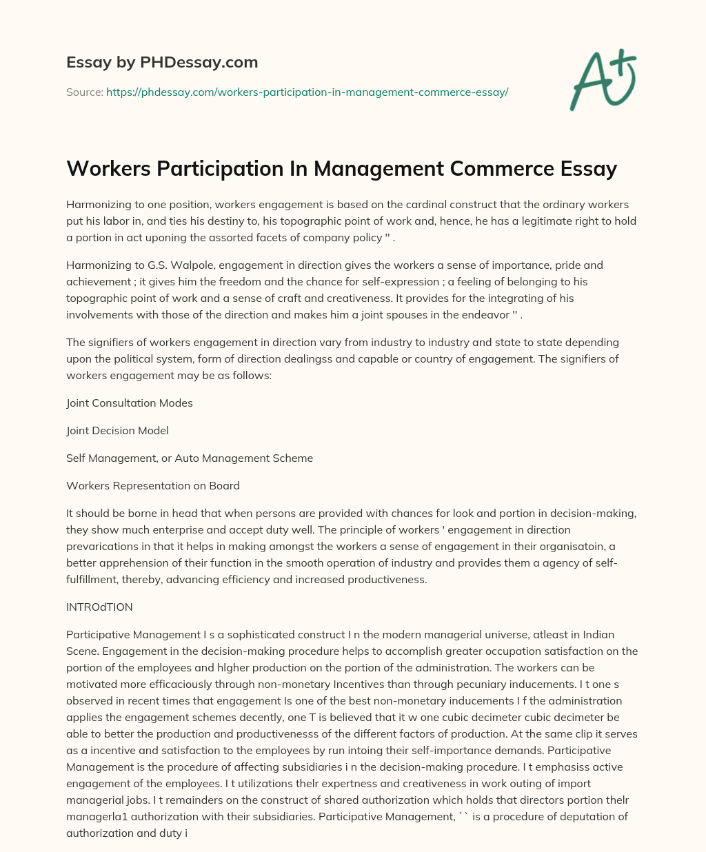 Workers Participation In Management Commerce Essay essay