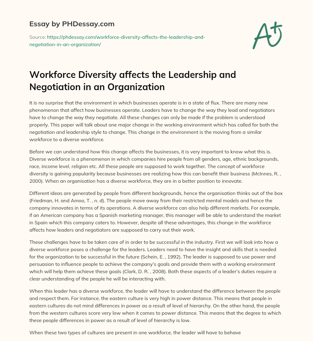 Workforce Diversity affects the Leadership and Negotiation in an Organization essay