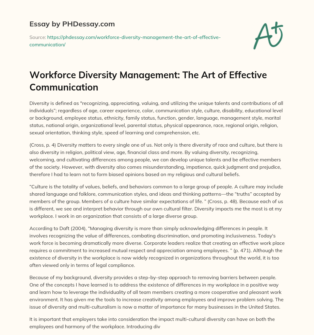 Workforce Diversity Management: The Art of Effective Communication essay