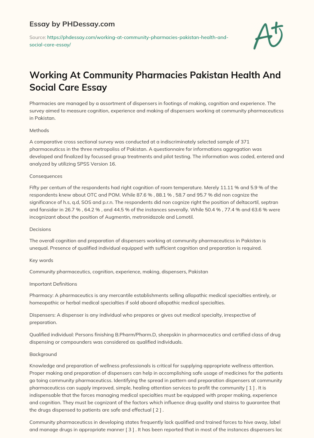 Working At Community Pharmacies Pakistan Health And Social Care Essay essay