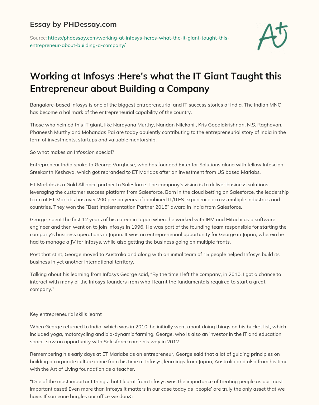 Working at Infosys :Here’s what the IT Giant Taught this Entrepreneur about Building a Company essay