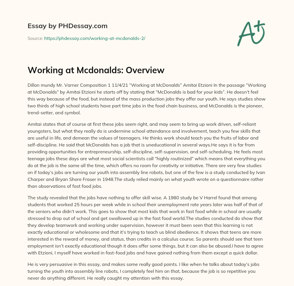 Working at Mcdonalds: Overview essay
